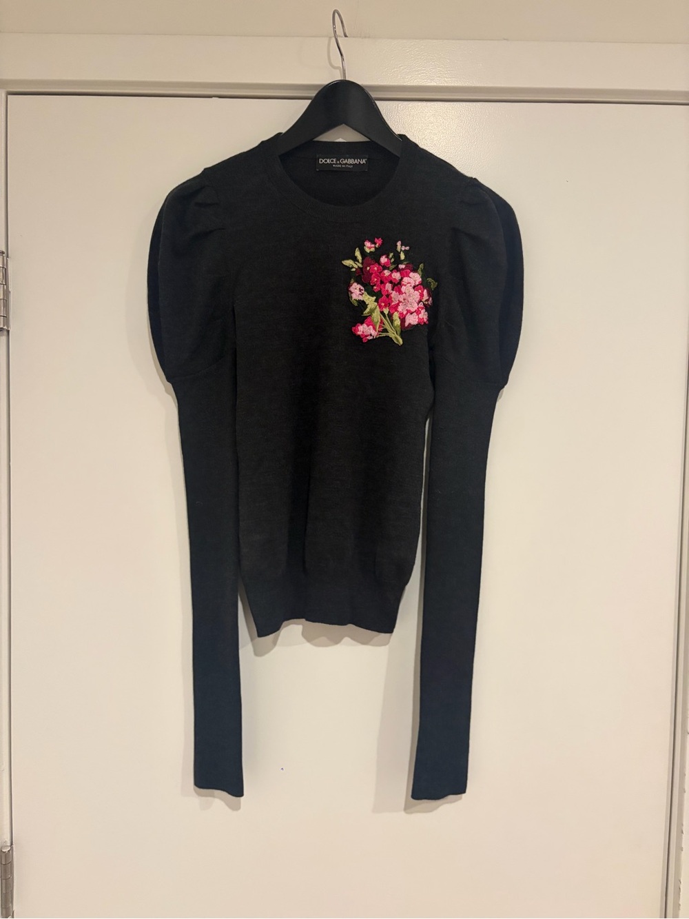 Dolce & Gabbana Black Sweater with Pink Floral Embroidery Bouquet